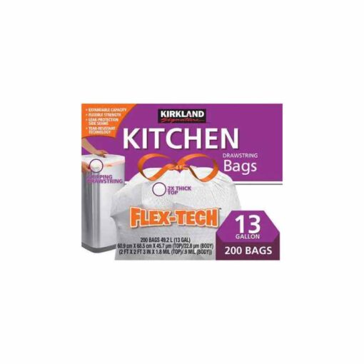 Kirkland Signature Flex-Tech 13-Gallon Kitchen Trash Bag, 200-Count Enhanced Durability & Holding Capacity