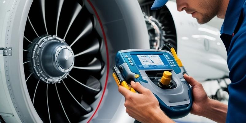 Close-up of a technician examining an aircraft turbine engine, in order to perform aviation maintenance. He uses high-precision diagnostic tools. The intricacies of the engine are detailed, highlighting key parts and components.