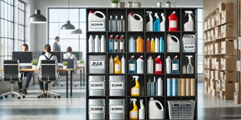 A well-organized shelving unit with bulk cleaning products. Bottles and containers are labeled and lined up, giving an impression of efficiency and professional storage. In the background, offices of a company are seen with employees working.