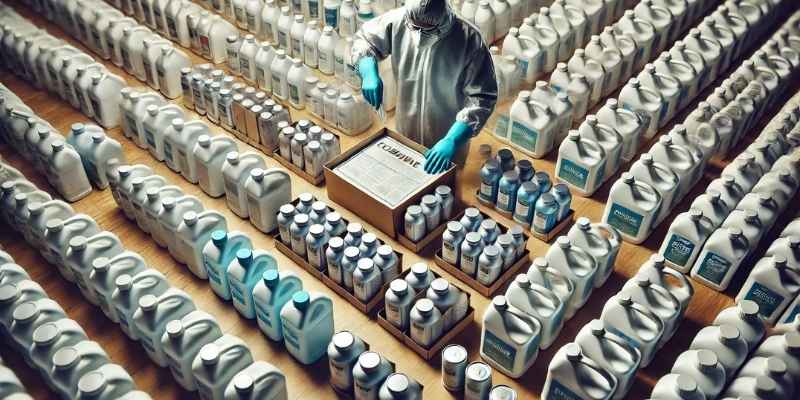 Various bulk cleaning products arranged on a table, each clearly labeled and well organized. A worker in protective gear checks the products to ensure quality