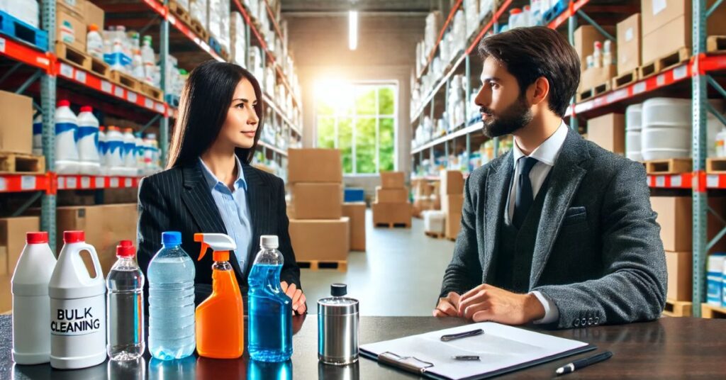 A professional scene of a distributor and a manufacturer in a business meeting, with industrial cleaning products in the background (bottles, boxes, bulk cleaning products).