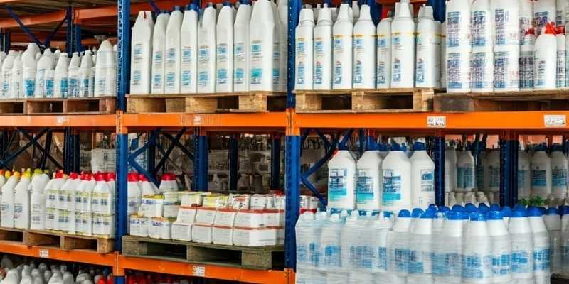 Well-organized warehouse with cleaning products, labeled shelves, and neatly stacked boxes, reflecting efficiency and proper inventory management.