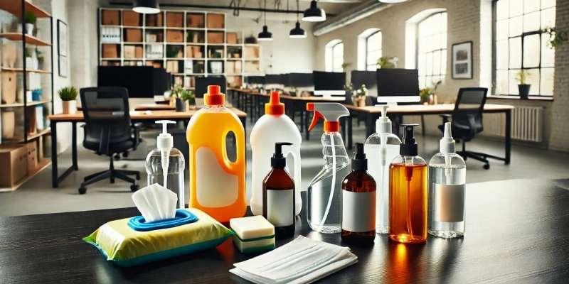 Various essential cleaning products laid out on a table (disinfectant, wipes, glass cleaner, hand soap). The image should show the products in an office setting, such as a cleaning area with a background of cubicles or desks.