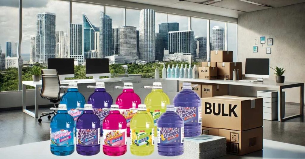 A modern office in Miami, with a view of the city in the background. In the foreground, there are bulk cleaning supplies (large bottles of disinfectant, boxes of wipes, canisters of multipurpose cleaner)