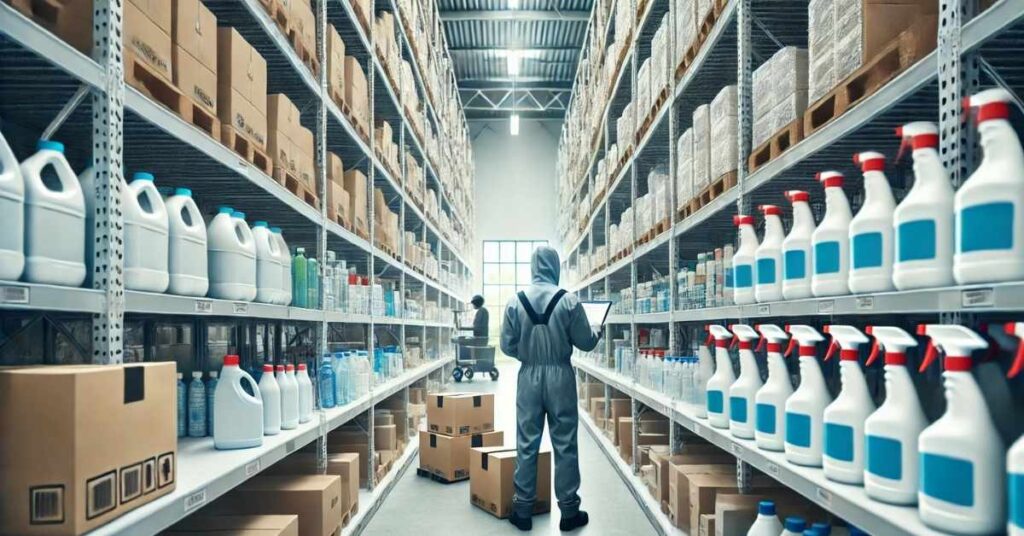 A clean and organized warehouse with shelves full of cleaning supplies. In the background, a worker can be seen supervising the inventory and ready for delivery.