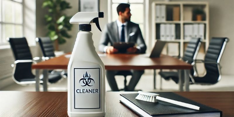 A scene showing an office worker using a cleaner on a desk or meeting table. The image features a container of disinfectant or multi-purpose cleaner with a simple design, emphasizing the quality and safety of the product.