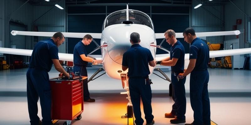 Scene with several technicians working on an airplane inside a hangar at dusk, with dim lighting from the ceiling and floor, reflects the collaborative work and professionalism of the maintenance team.