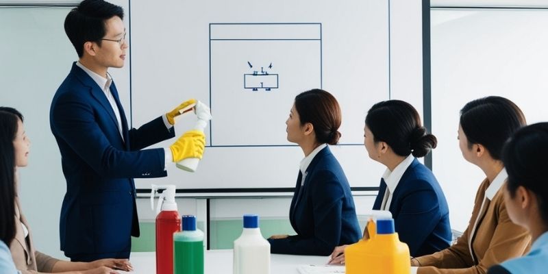 An instructor or company representative is training a group of office workers on the use of cleaning products. There is a screen or whiteboard with a simple diagram, and the attendees are paying attention. Learning and support service are being conveyed.