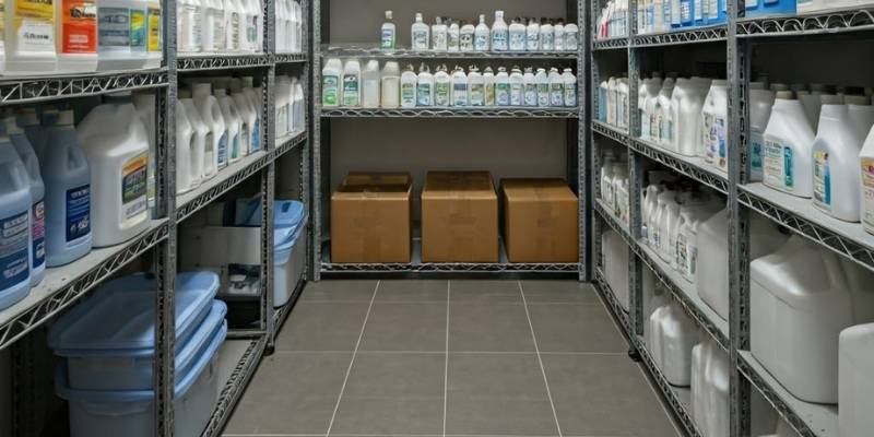 A small storage area or cellar in an office, with bulk cleaning products organized on shelves. The image should emphasize order, well-used space and ease of access.