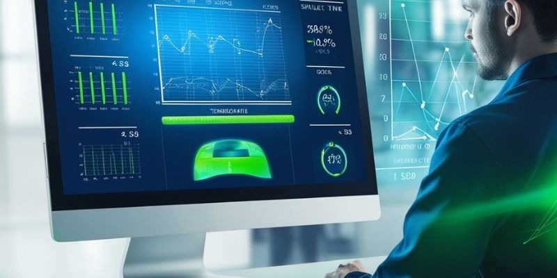 A computer monitor displaying real-time graphs and statistics, with an aviation technician observing and analyzing the data. The graphs include variables such as temperature, vibration, and component wear for predictive maintenance.