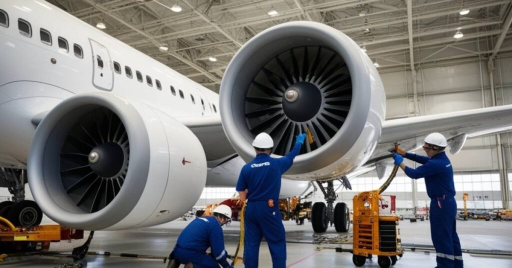 A large aircraft hangar with technicians working on a commercial airplane. They are performing maintenance on the plane. The technicians are wearing safety equipment (helmet, goggles, and gloves) and checking different parts of the plane (turbines, wings, landing gear).