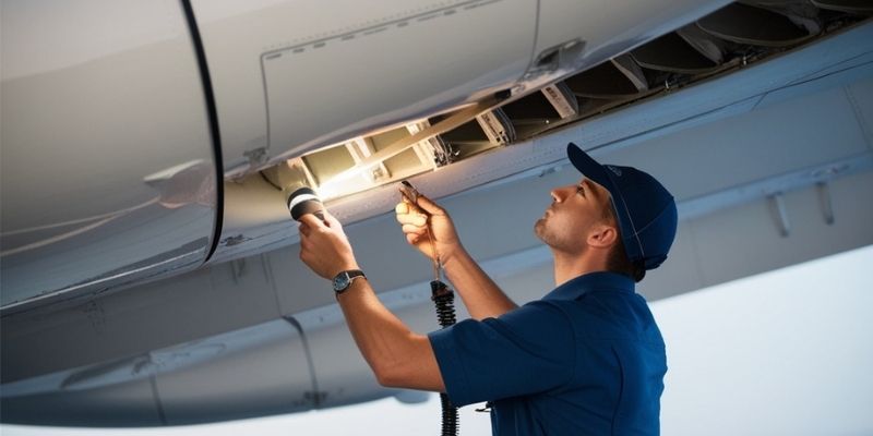 A technician thoroughly inspecting the structure of an airplane wing, using tools such as a flashlight and gauges. A detailed and professional approach to safety inspection is reflected. Proper aircraft maintenance is achieved.