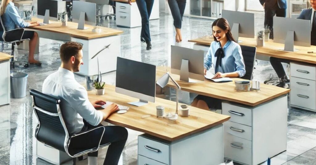 Office with happy employees in a clean and organized work environment