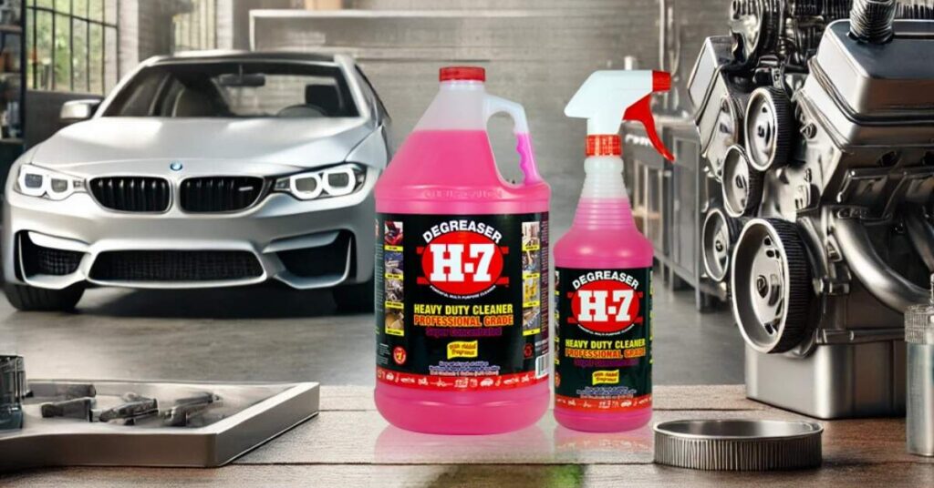 Clean mechanic workshop thanks to H-7 degreaser, featuring a modern Mercedes Benz and an engine, both spotless after being cleaned with H-7.