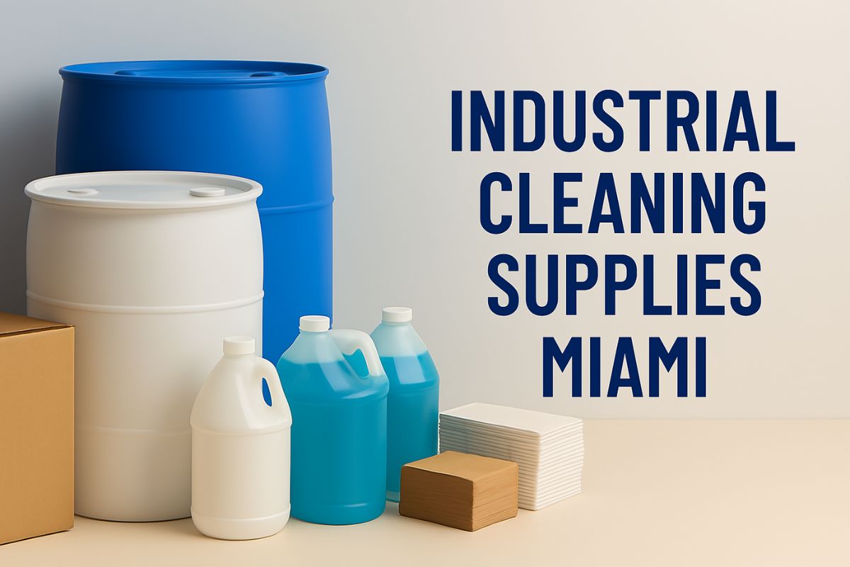 Wholesale cleaning supplies for businesses in Miami including degreasers, bleach systems, paper products, and commercial cleaning solutions