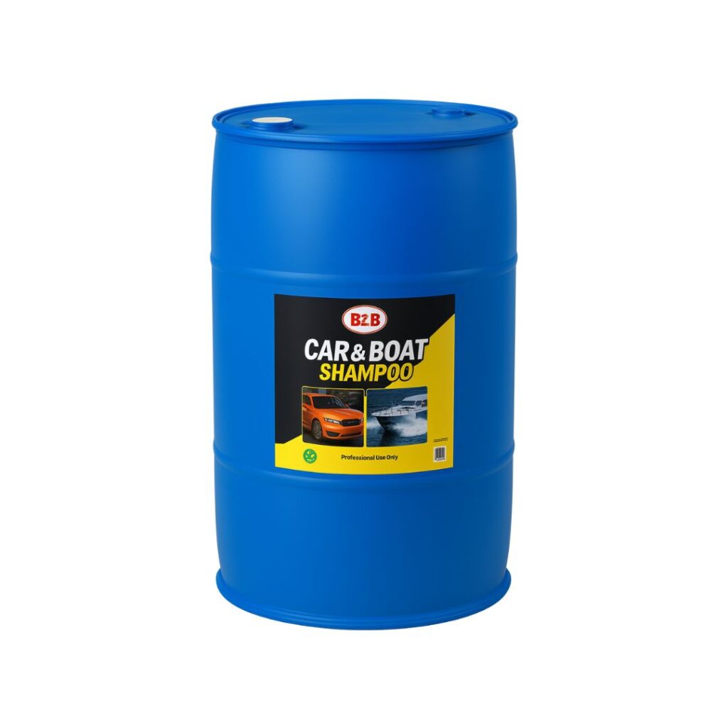 Blue 55 gallon B2B Car & Boat Shampoo drum containing biodegradable cleaning solution for professional car wash and marine detailing businesses.