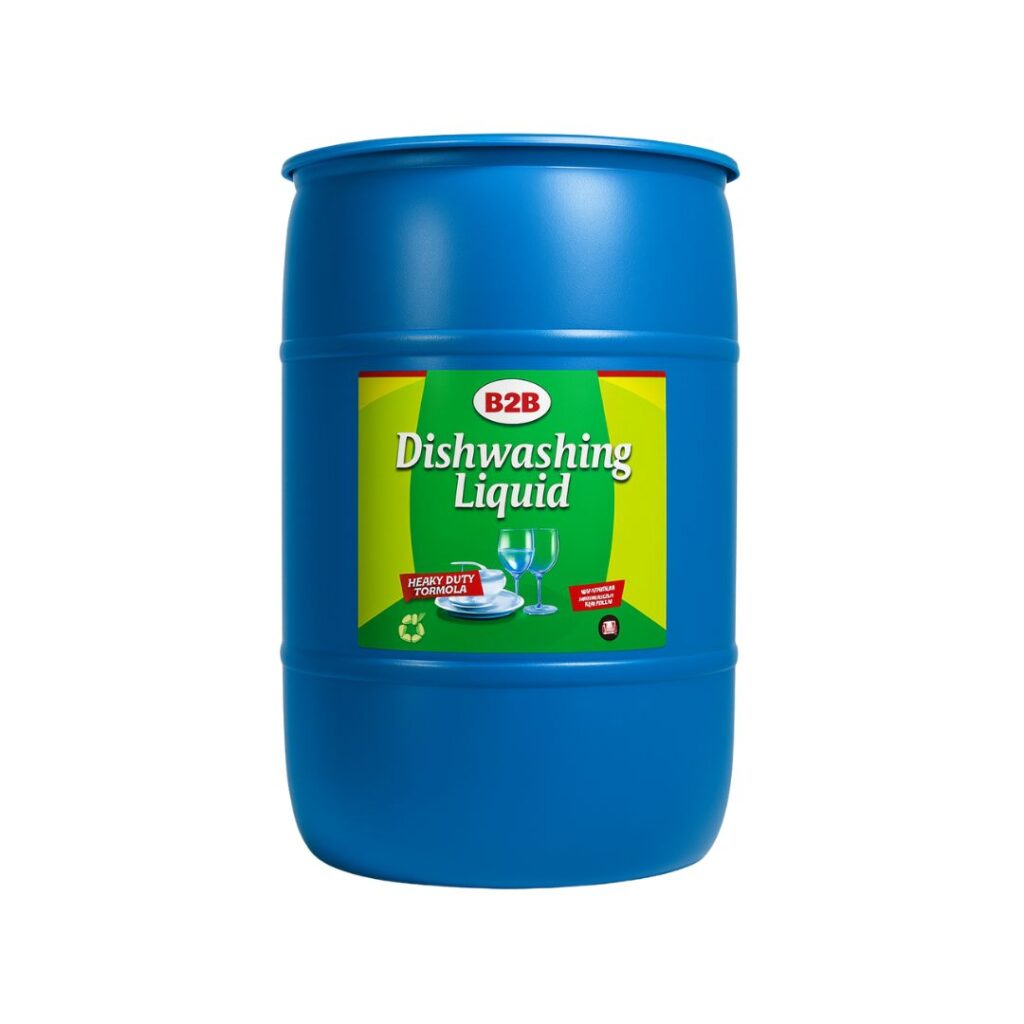 Blue 55 gallon B2B Dishwashing Liquid drum with powerful professional-grade formula for restaurant and commercial kitchen cleaning.