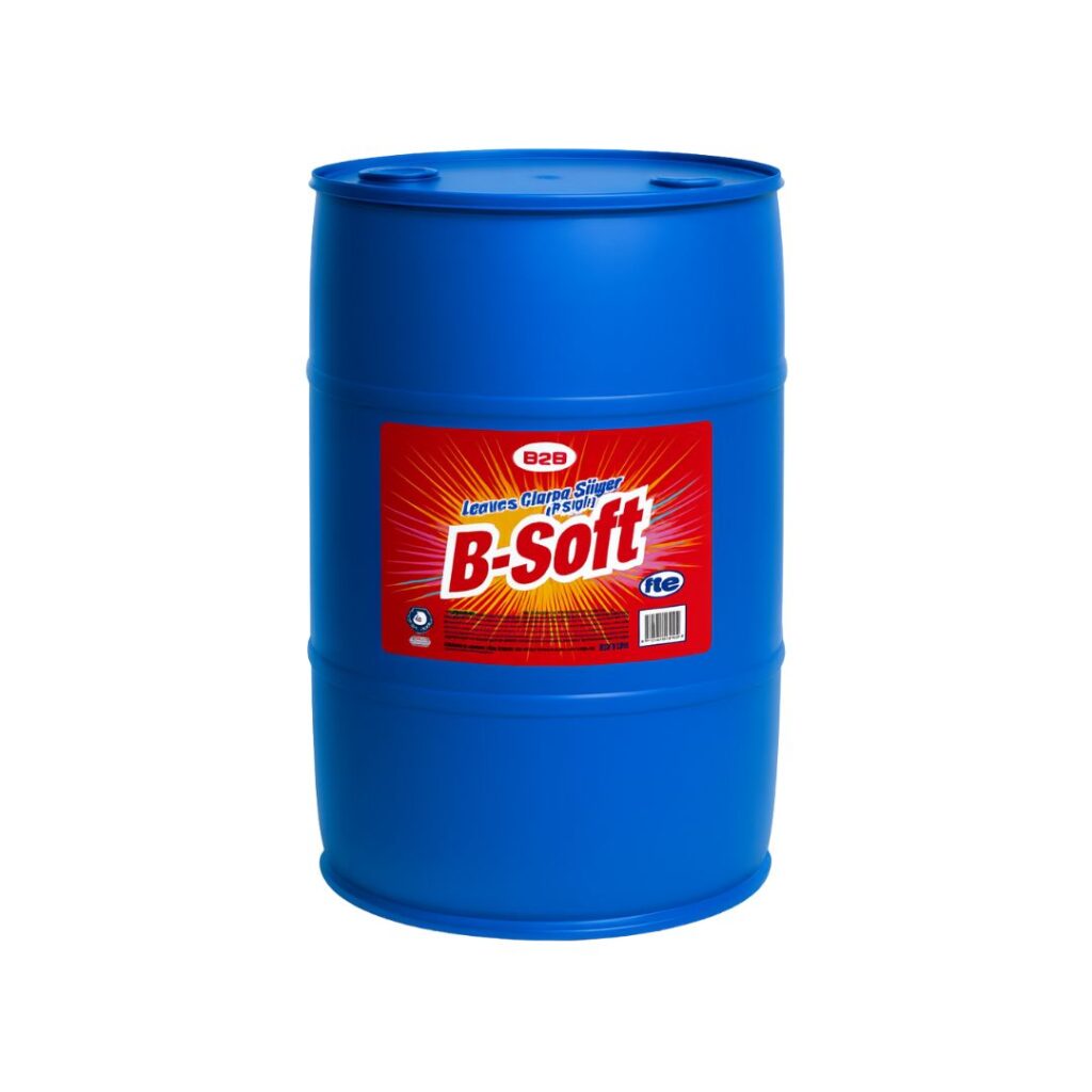 Blue 55 gallon B2B B-Soft HE fabric softener drum with ultra-concentrated commercial formula for professional laundry operations.