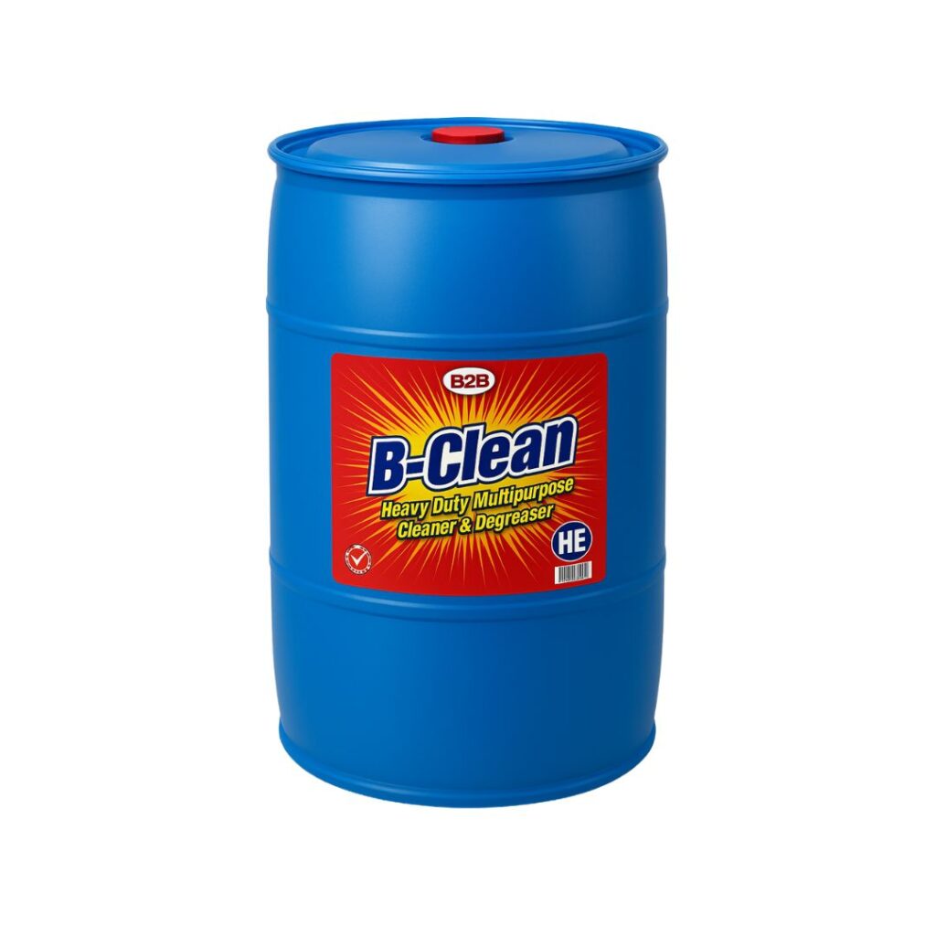 Blue 55 gallon B2B B-Clean HE laundry detergent drum with ultra-concentrated formula for professional and high-efficiency laundry operations.
