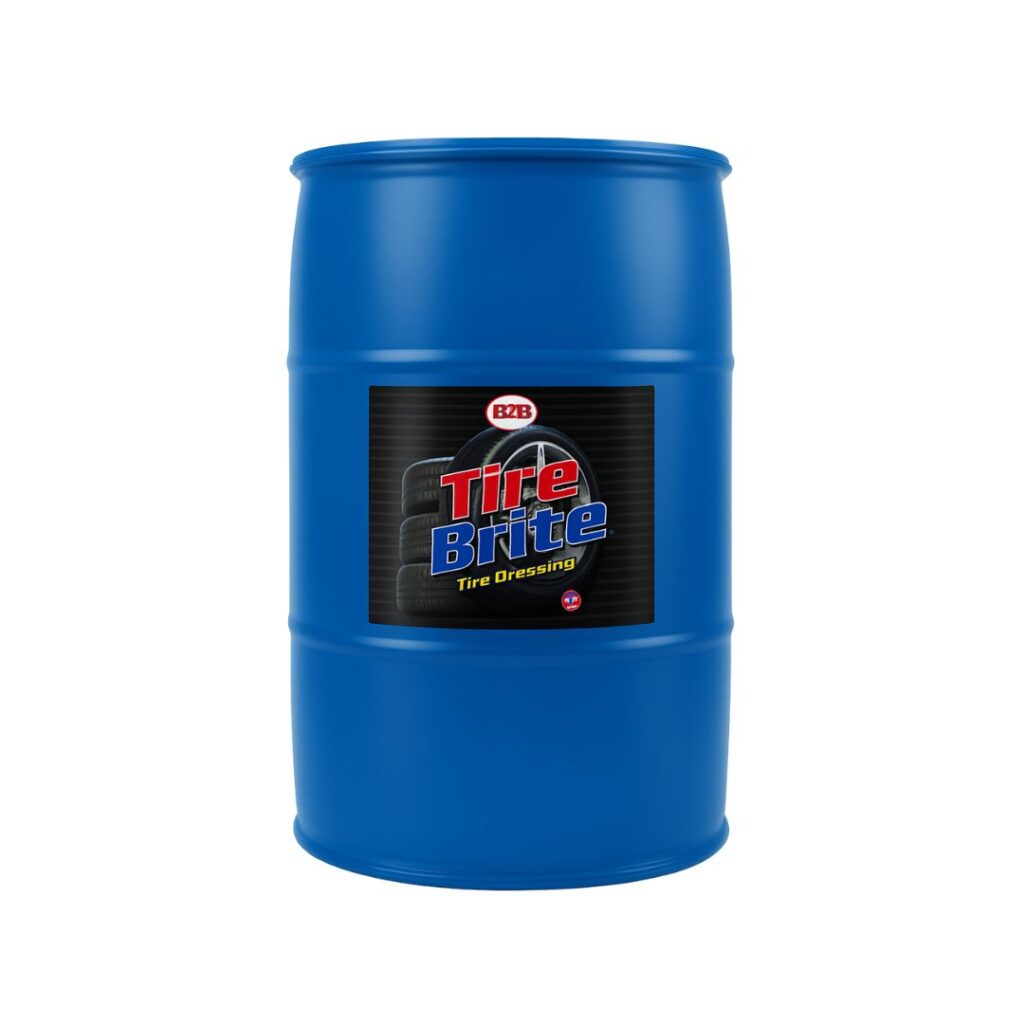 Blue 55 gallon B2B Tire Brite drum with professional tire shine solution for automotive detailing and commercial car care.