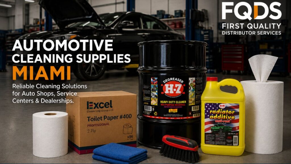 Automotive Cleaning Supplies Miami featuring H-7 Degreaser, radiator additive, toilet paper and commercial facility supplies.