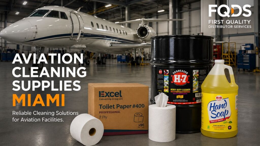 Aviation Cleaning Supplies Miami featuring H-7 Degreaser, hand soap, toilet paper and center pull towels for aviation facilities.