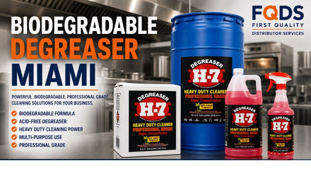 Biodegradable Degreaser Miami by First Quality Distributor Services featuring the original H-7 product line including the blue 55 Gallon Drum, 4 Gallon Box, and 32 oz Bottle.