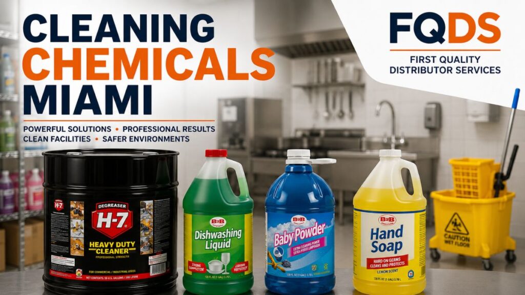 Cleaning Chemicals Miami featuring H-7 Degreaser, Dishwashing Liquid, Hand Soap and commercial cleaning chemicals.