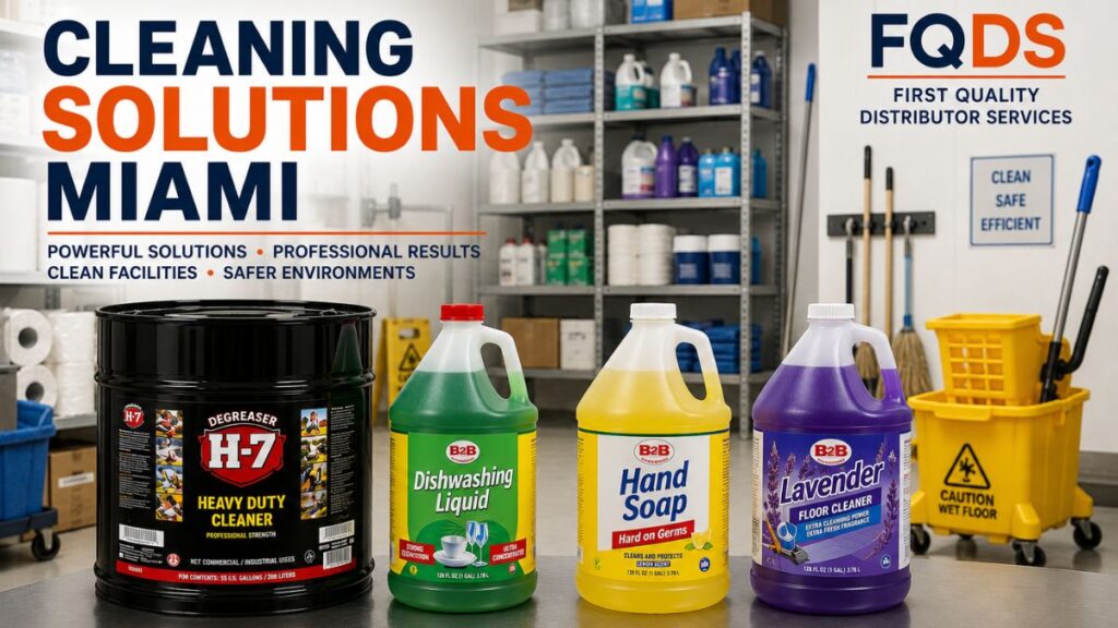 Cleaning Solutions Miami featuring H-7 Degreaser, Dishwashing Liquid, Hand Soap and Lavender Floor Cleaner.