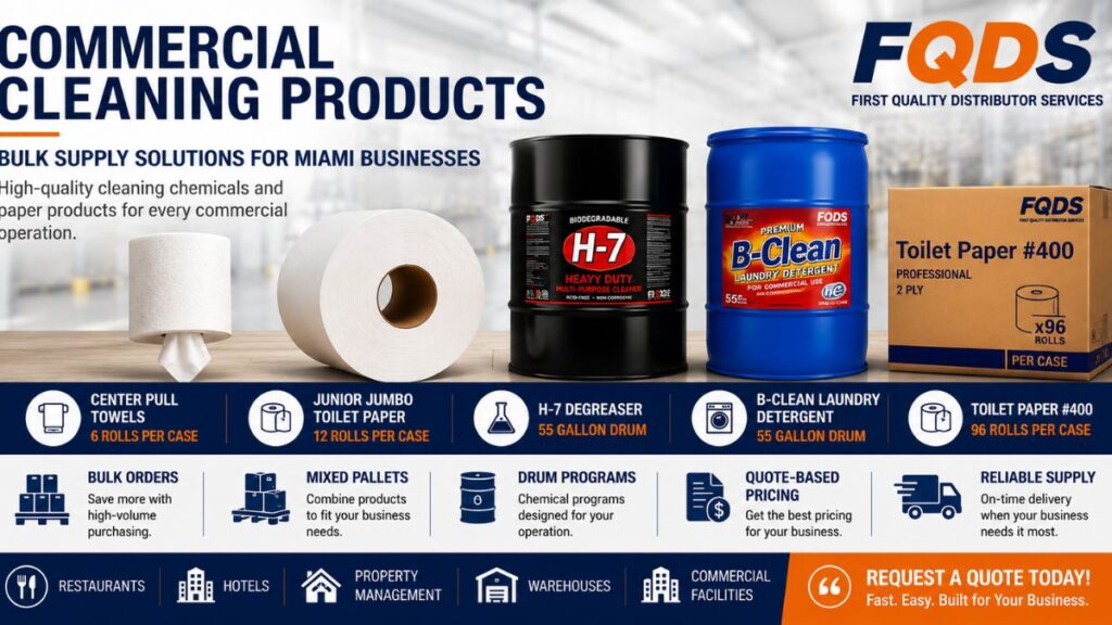 Commercial Cleaning Products featuring H-7 Degreaser, B-Clean Laundry Detergent, Center Pull Towels, Junior Jumbo Toilet Paper and Toilet Paper #400 from First Quality Distributor Services.