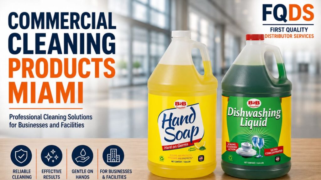 Commercial Cleaning Products Miami featuring hand soap and dishwashing liquid for businesses and facilities.