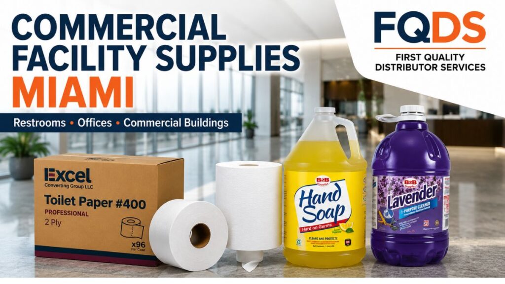 Commercial Facility Supplies Miami featuring toilet paper, paper towels, hand soap and floor cleaner for commercial facilities.
