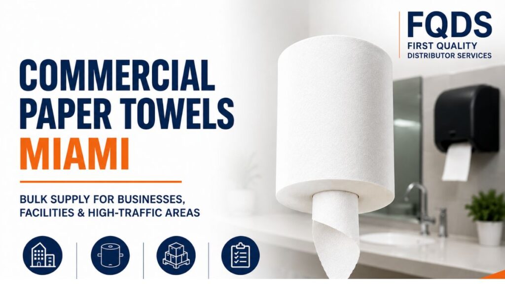 Commercial paper towels in Miami including center pull, hardwound, and multifold paper towels for restaurants, hotels, offices, schools, warehouses, and commercial facilities.
