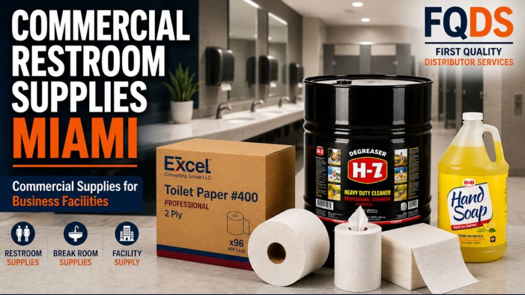 Commercial Restroom Supplies Miami including toilet paper, paper towels, hand soap, and restroom supply products.