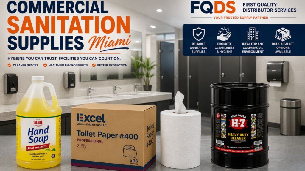 Commercial Sanitation Supplies Miami featuring hand soap, toilet paper, center pull towels and H-7 Degreaser.