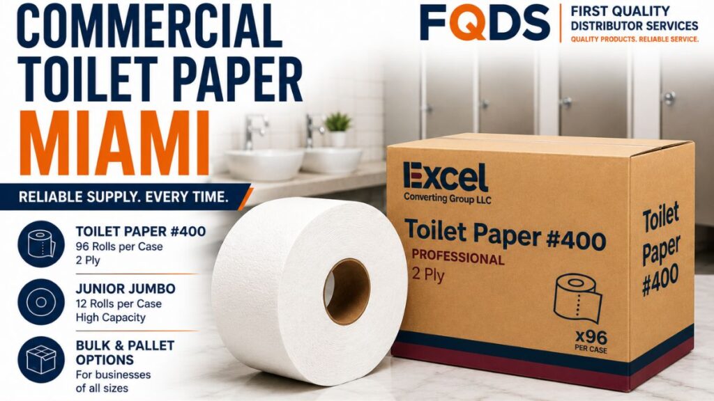 Commercial Toilet Paper Miami featuring Toilet Paper #400 and Junior Jumbo toilet paper supplied by First Quality Distributor Services.