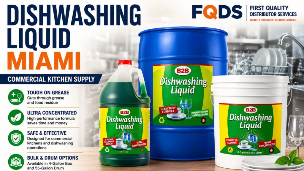 Dishwashing Liquid Miami featuring commercial dishwashing liquid in 1 gallon, 5 gallon bucket and 55 gallon drum sizes from First Quality Distributor Services.