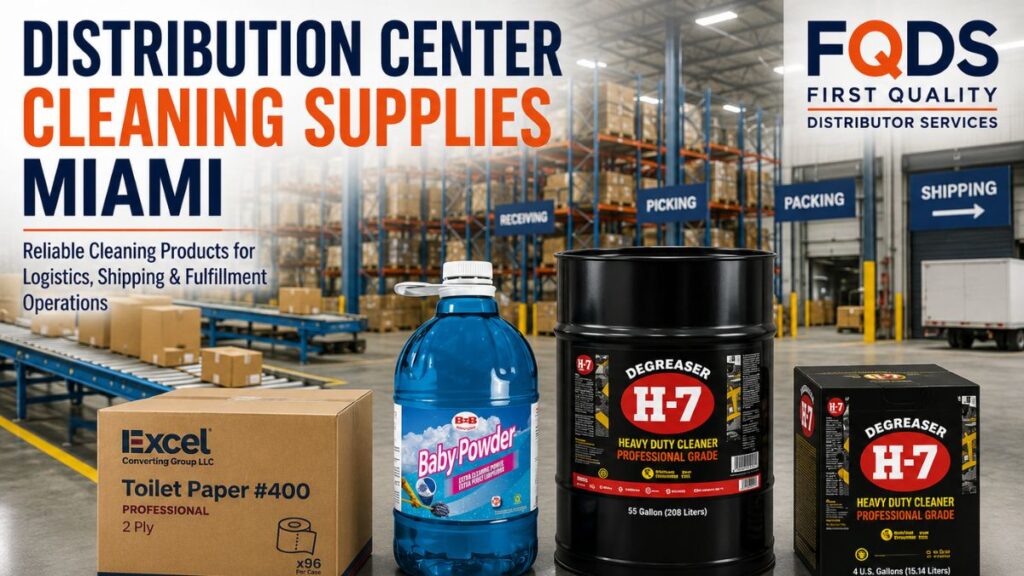 Distribution Center Cleaning Supplies Miami by First Quality Distributor Services featuring commercial cleaning products for logistics facilities, fulfillment centers, shipping operations, and distribution centers.