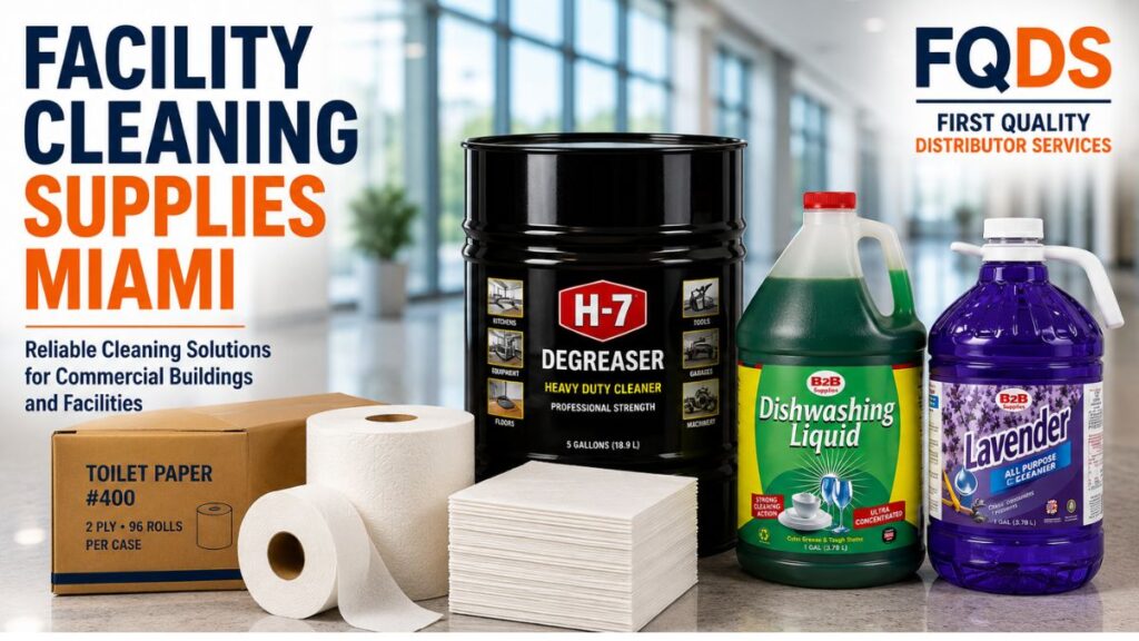 Facility Cleaning Supplies Miami featuring H-7 degreaser, dishwashing liquid, all purpose cleaner, toilet paper, and paper towels.