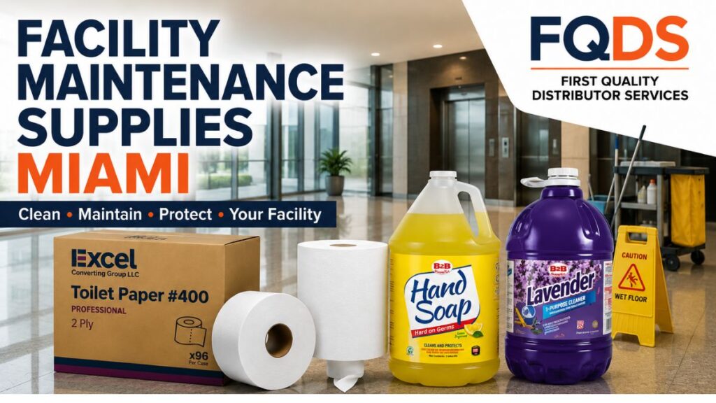 Facility Maintenance Supplies Miami featuring toilet paper, paper towels, hand soap and floor cleaner for commercial facilities.