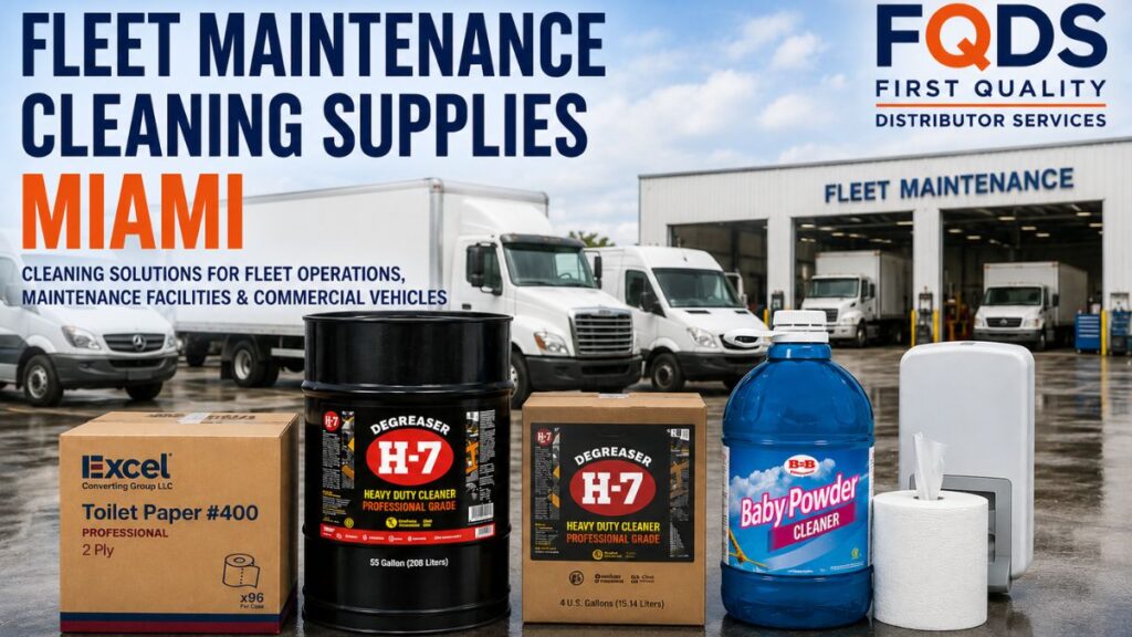 Fleet Maintenance Cleaning Supplies Miami by First Quality Distributor Services featuring commercial cleaning products for transportation companies, truck fleets, delivery fleets, and commercial vehicle maintenance operations.