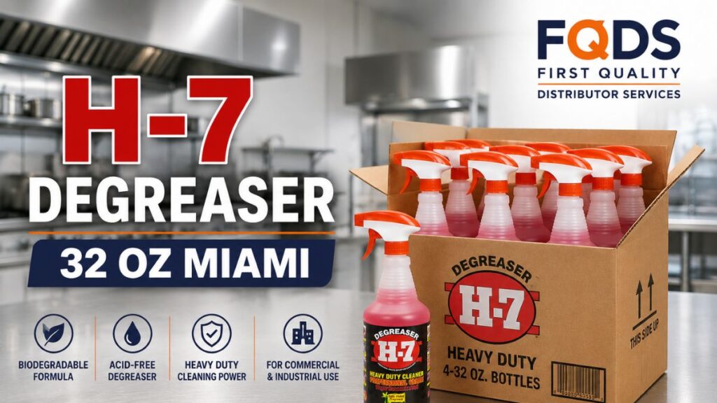 H-7 Degreaser 32 oz Miami by First Quality Distributor Services featuring the original H-7 Heavy Duty 32 oz bottles in a 12-bottle case for commercial and industrial cleaning.