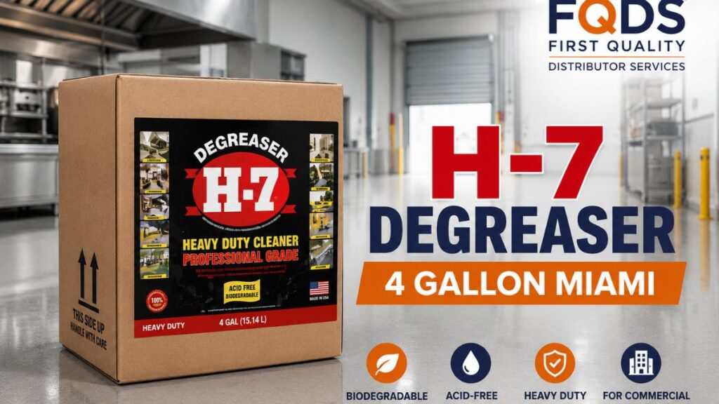 H-7 Degreaser 4 Gallon Miami by First Quality Distributor Services featuring the original H-7 Heavy Duty 4 Gallon box for commercial and industrial degreasing.