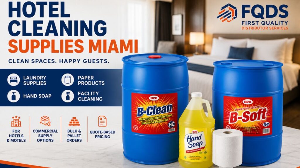 Hotel Cleaning Supplies Miami featuring commercial laundry detergent, fabric softener, hand soap and paper products for hotels and hospitality businesses.