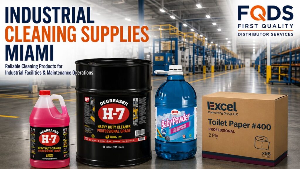 Industrial Cleaning Supplies Miami by First Quality Distributor Services featuring industrial cleaning products for manufacturing plants, warehouses, distribution centers, and commercial maintenance facilities.