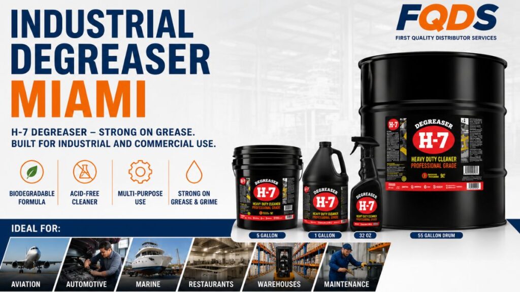 Industrial Degreaser Miami featuring H-7 Degreaser for aviation, automotive, marine, warehouse, restaurant and maintenance operations.
