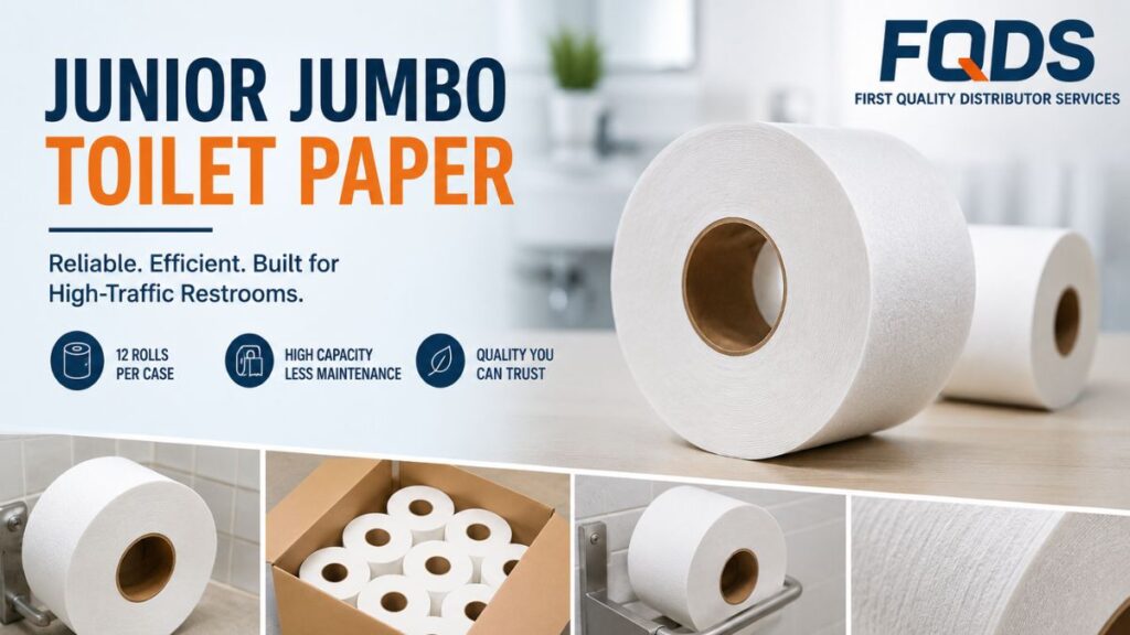 Junior Jumbo Toilet Paper Miami for commercial restrooms supplied by FQDS.