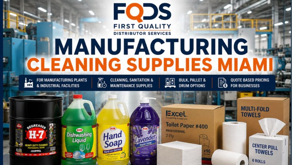 Manufacturing Cleaning Supplies Miami by First Quality Distributor Services featuring commercial cleaning products for manufacturing plants, production facilities, industrial buildings, and maintenance teams.