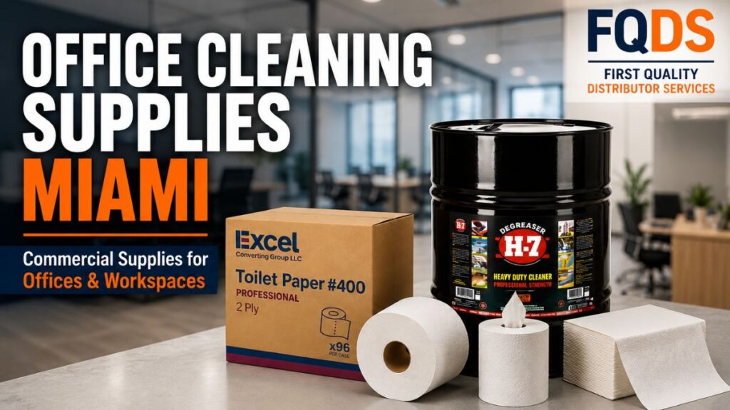 Office Cleaning Supplies Miami including paper goods, restroom supplies, hand soap, floor cleaners, and commercial cleaning products.