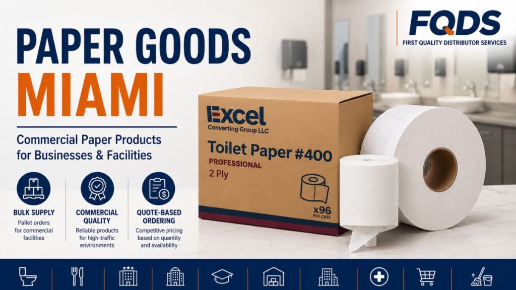 Paper Goods Miami including toilet paper, center pull towels, and commercial paper products supplied by FQDS.